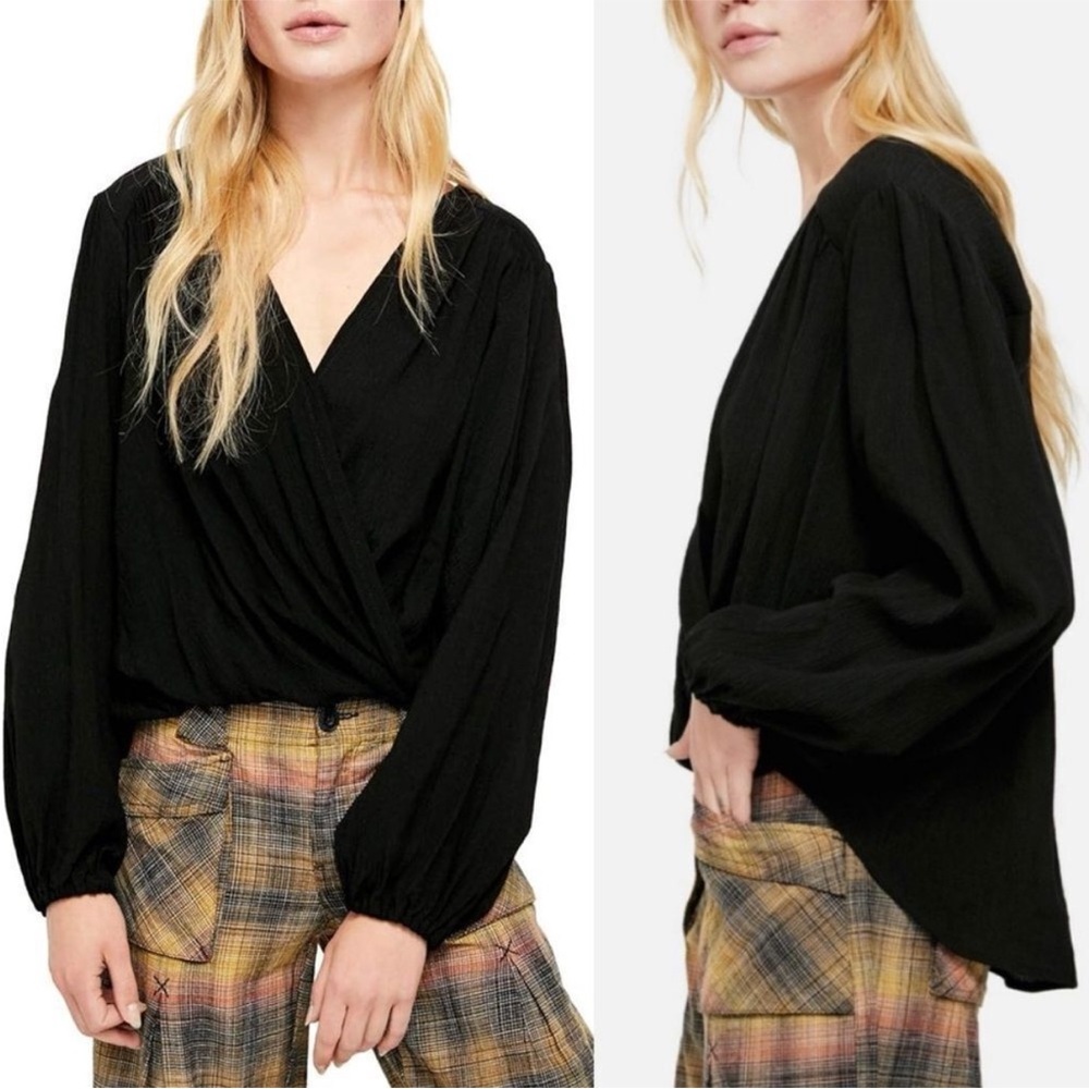 Free People Black Long Sleeve Wrap Top